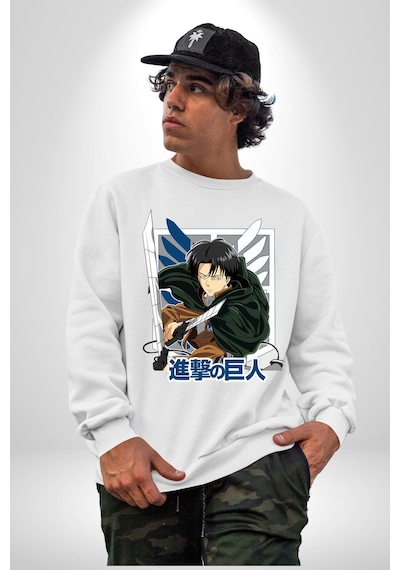 Anime Levi Ackerman Beyaz Ve Siyah Kanatlar Unisex Beyaz Sweatshirt Beyaz