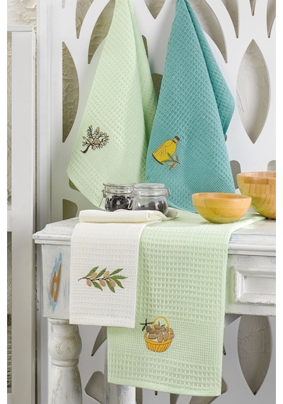 Eponj Home 6lı Kurulama Peçetesi Nakışlı 40x60 Zeytin Yeşil-beyaz