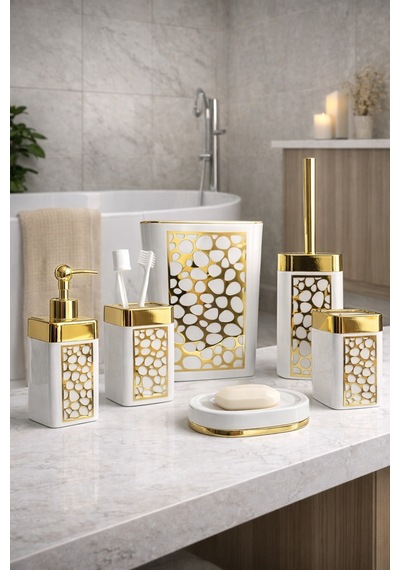 Arvale Pleksi Gold Detaylı 5 Li Banyo Aksesuar Seti Beyaz