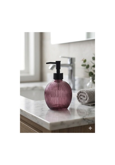 Çizgili Yuvarlak Siyah Pompalı Cam Sıvı Sabunluk - 500ml - 16x10x10 Cm Pembe
