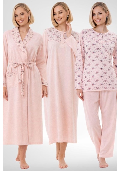 Mecit Pijama Mecit 6320 Pudra Büyük Beden Kadın Sabahlık Pijama Gecelik Set Pudra