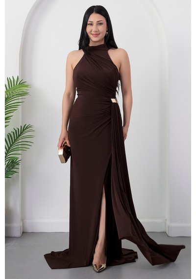 Kalopya Halter Yaka Drapeli Tokalı Abiye Elbise Ecr5862 Kahve