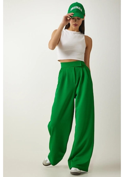 Trend Alisse Kadın Yeşil Beli Cırt Cırtlı Pileli Bol Paça Palazzo Pantolon Wide Leg Yeşil