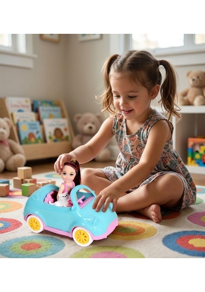 Mini Arabalı Mira Bebek 16cm Arabalı Köpekli Sevimli Bebek Figürlü Eğlenceli Oyuncak Seti