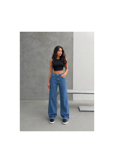 Kene Jeans Mavi Arka Cep Nakışlı Kemer Tokalı Boru Paça Pantolon Jeans Mavi