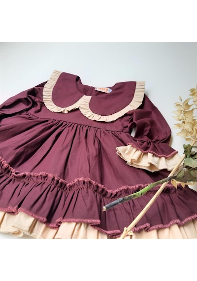 ikokokids Hardal Kız Bebek Bebe Yaka Fırfırlı Elbise