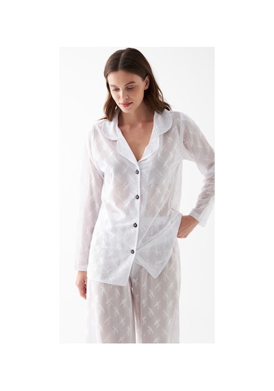 Akbeniz Kadın Beyaz Şeffaf Jakar Düğmeli Pijama Takımı