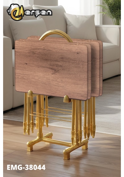 Eranş Serisi 4'lü Katlanır Mdf Mebran Ahşap Çanta Zigon Sehpa Gold Ayak Koyu Ahşap Desen Gold Ayak