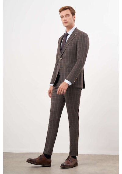 Morven Erkek Kahve Poliviskon Trend Yelekli Ekoseli Slim Fit Sivri Yaka Takım Elbise 24mc001130400 Kahve