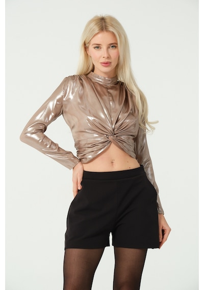 S'amore Clothing Asimetrik Crop Bluz Metalik Metalik Gold