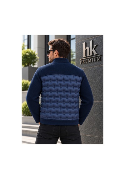 Hk Premium Erkek Mont Daire Baskı Örme Triko %100 Polyester Dik Yaka Ceket Lacivert