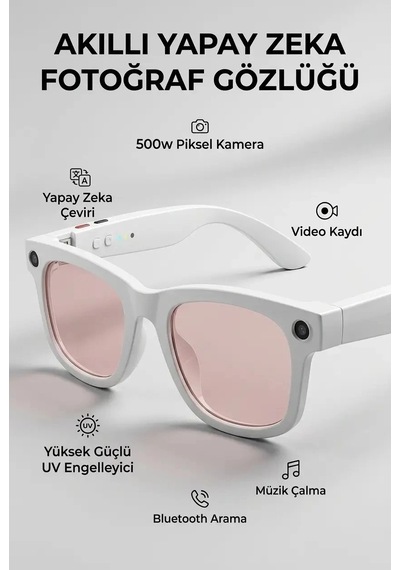Semel Kamera Mikrofonlu Beyaz Akıllı Gözlük Şık Çerçeve Bluetooth Bağlantılı