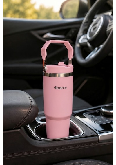 Ss119 900 Ml Çelik Termos Bardak Pipetli Kulplu Taşınabilir Su Matarası Pembe