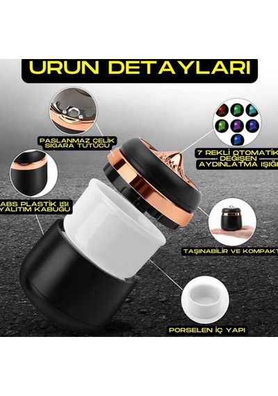 Carub Araç İçi Küllük Porselen + Abs 7 Renk Işıklı Kapaklı Yanmaz Koku Geçirmez Altın Siyah Renk Br2944643
