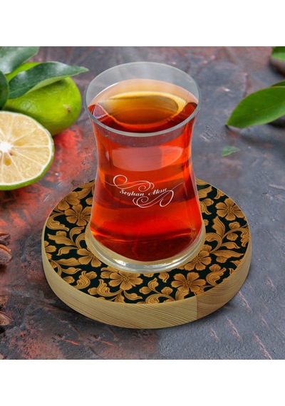 Kişiye Özel Retro Motif Tasarımlı Doğal Ahşap Tabaklı Heybeli Çay Bardağı Model 15
