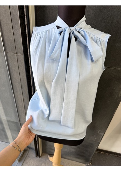 Pera Moda Sıfır Kol Fularlı Modal Yazlık Kadın Gömleği Bebe Mavisi
