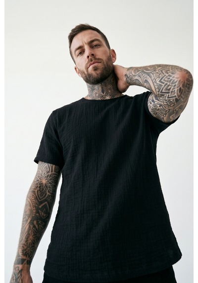 Combattente Exclusive Products Kısa Kol Oversize Müslin Erkek Tshirt - 2026 Erkek Tişört Kreasyonu Siyah