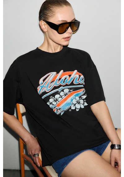 Grımelange Mechelena Kadın %100 Organik Pamuklu Yuvarlak Yakalı Baskılı Siyah T-shirt