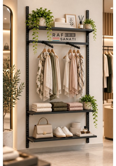 90 Cm Duvar Raf Askılık Sistemi 3 Raflı 200 Cm Konik Dikme Hazır Set Siyah