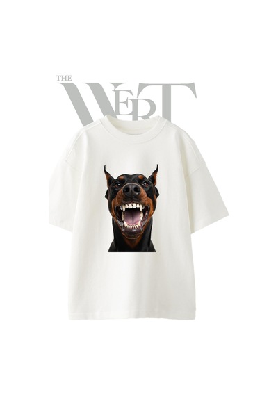 Thewert Doberman Grillz Tasarım Baskılı Ünisex Beyaz Oversize T-shirt