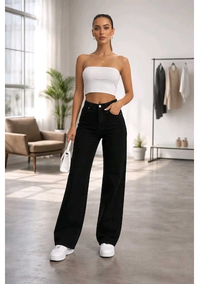 Woddi Nvn Flex Yüksek Bel Siyah Kot Pantolon Siyah Salaş Jeans Likralı Esnek Palazzo New Sezon