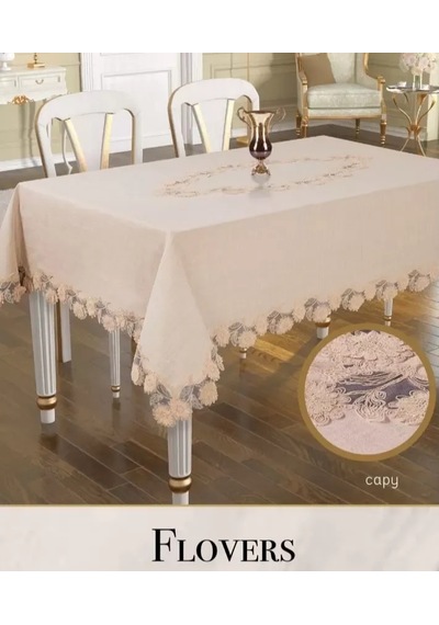 160x260cm Keten Flowers Model Kapiçino 3d İşlemeli Dantelli Dekoratif Örtü Karışık