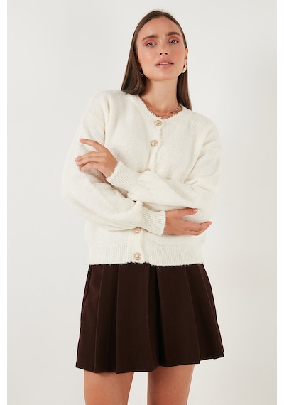 Lela Premium Regular Fit Bisiklet Yaka Yumuşak Dokulu Bayan Hırka 680Hi00147 Ekru