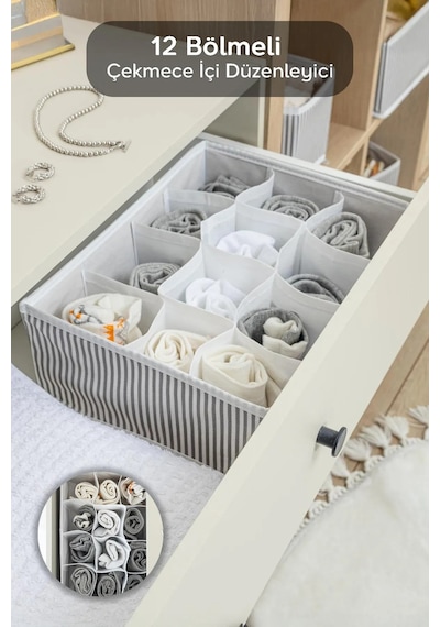 2 Adet 12 Bölmeli Çok Amaçlı Çekmece Düzenleyici Organizer Çorap-iç Çamaşırı Vb 31x25x12 Cm Gri-beyaz