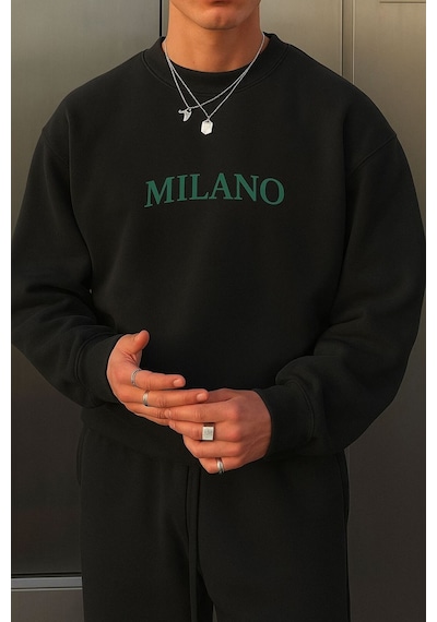 Benroma 3 İplik Penye Milano Baskılı Unisex Sweatshırt SIYAH