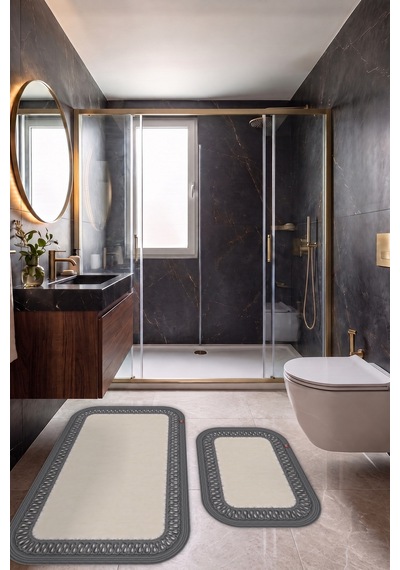 Banyo Paspası Takımı 70x110+50x70 Cm İç Trikot Ekru & Antrasit