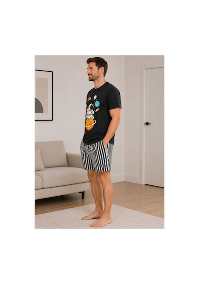 Pijamask Erkek Baskılı Şortlu Pamuklu Yazlık Pijama Takımı Siyah