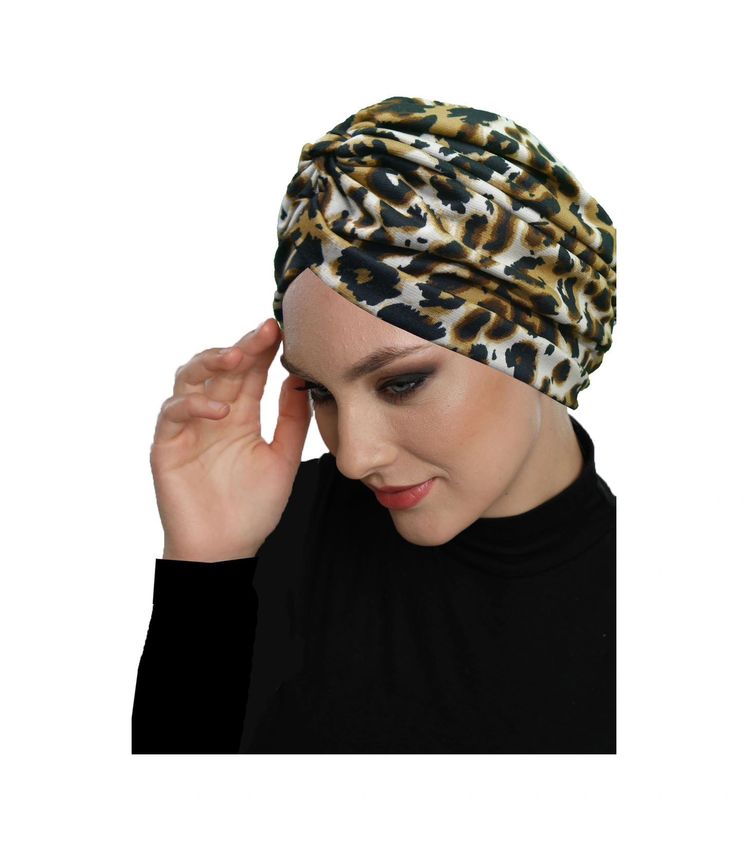 Elysianfidan Savanna Chic Desenli Çapraz Ve Bant Detaylı Astarlı Hazır Türban Tesettür Havuz Bonesi Açık Leopar