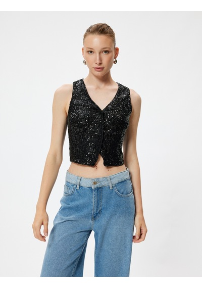 Koton Abiye Yelek Crop Pullu Payetli V Yaka Kolsuz Düğmeli Slim Fit Siyah 4sak50002fk Siyah Koton Abiye Yelek Crop Pullu Payetli V Yaka Kolsuz Düğmeli Slim Fit Siyah 4sak50002fk Siyah