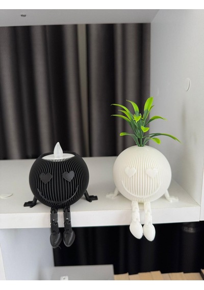 2'li Dekoratif Saksı Mumluk Ve Organizer Gülümseyen Figür Siyah Beyaz Set