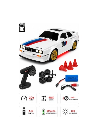 Uzaktan Kumandalı Bmw E30 Rc Drift Arabası 1:16 Ölçek 4x4 Şarjlı Işıklı Model Araba 30+ Km/h Beyaz