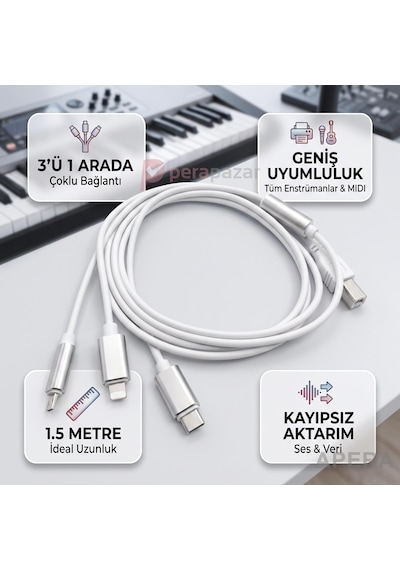 3'ü 1 Arada Usb Tip-b Midi Yazıcı Kablosu 1.5 Metre Type-c Micro İos Uyumlu Enstrüman Veri Aktarımı Cr91