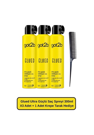 Got2b Glued Ultra Güçlü Saç Spreyi 300 ML X3 Adet + 1 Adet Krepe Tarak Hediyeli