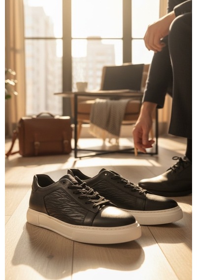 Enoch Hakiki Deri Dalga Desen Garnili Günlük Erkek Sneaker Comfort Taban Siyah