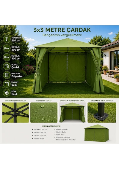 Store Gazebo 3x3 Metre Yeşil Bahçe Çardağı Çelik İskelet Polyester Kumaş Bahçe Kamelyası