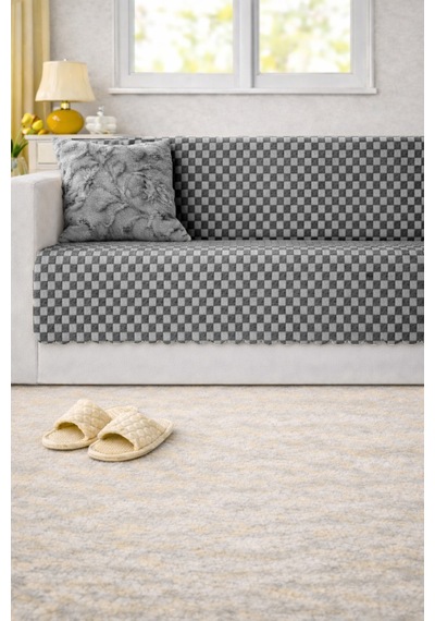 Aron Kürklü Koltuk Örtüsü 170x215 Cm Yumuşak Peluş Lüks Kaymaz Taban Kanepe Örtüsü Gri Antrasit