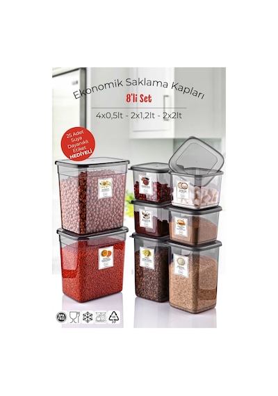 Etiketli 8'li Antrasit Ekonomik Kırılmaz Saklama Kabı Seti 4x0,5/2x1,2/2x2 Lt. Antrasit
