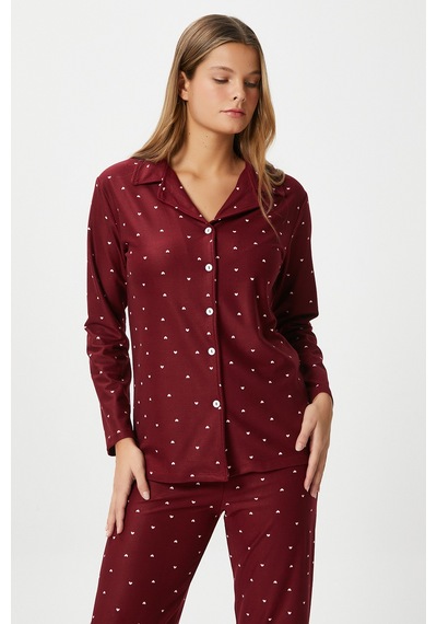 Ritnice Kadın Nora Premium Bordo Kalp Süet Doku Düğmeli Yılbaşı Pijama Takımı Bordo