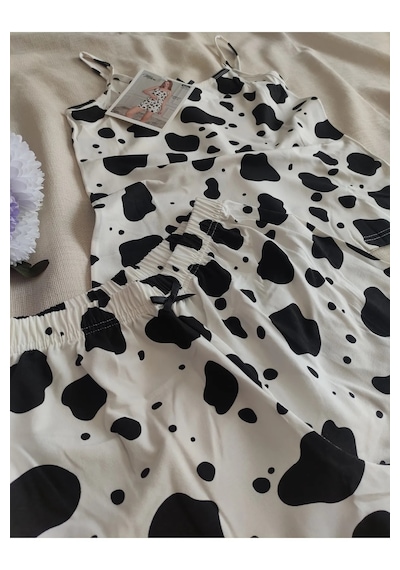 Mihra Kadın İp Askılı Şortlu Yazlık Pijama Takımı Panda Siyah - Beyaz