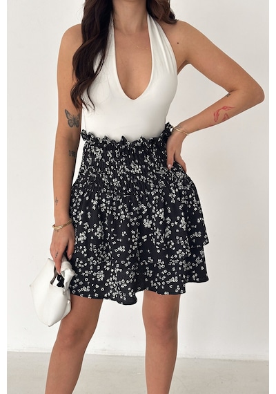 Kadın Katlı Smock Bel Mini Short Etek Summer Layers Lacivert