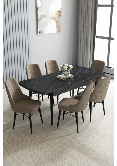 Zümra Serisi, Siyah Mermer Desen 80x132 Açılabilir Mdf Mutfak Masası Takımı 6 Adet Sandalye, Cappucino Zümra Serisi, Siyah Mermer Desen 80x132 Açılabilir Mdf Mutfak Masası Takımı 6 Adet Sandalye, Cappucino