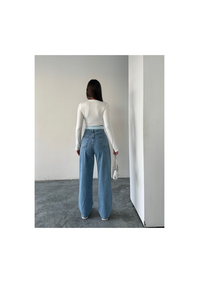 Blue Marlın Kemer Yakalı Tam Kalıp Bol Paça Jeans Buz Kar