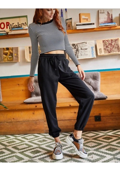 Unisex Siyah Cepli Beli Bağcıklı Basic Eşofman Altı Jogger Siyah