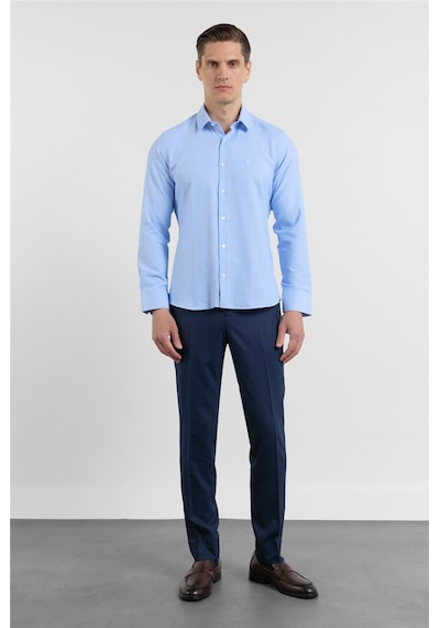 İmza Mavi Sert Yaka Uzun Kol Cepsiz Slim Fit Pamuklu Gömlek 1004255284