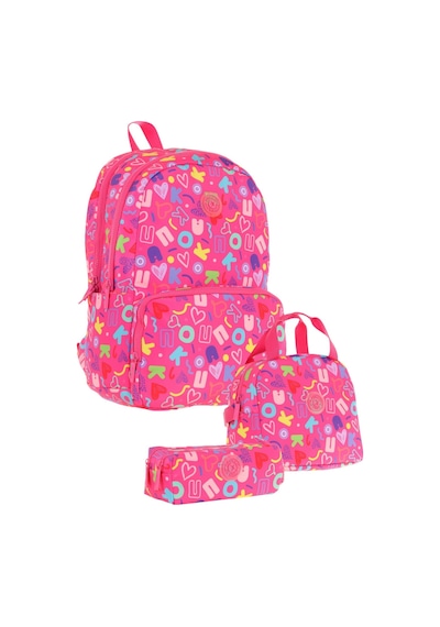 Kaukko Brokar Üçlü Okul Çanta Seti - Pembe - Kalp Ve Kaukko Baskılı - Kız Çocuk Pembe