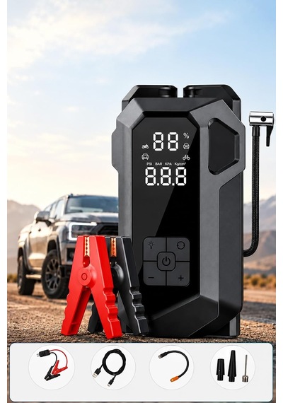 Tr Araç Akü Takviye Cihazı Hava Kompresörü 4'ü1 Arada Şarjlı Marş Basma Jump Starter Powerbank 18000mah